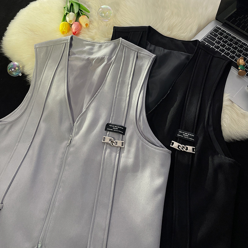 709-MJ70-P65春秋飘带装饰v领纯色宽松休闲大码马甲平铺，男装背心/马甲，星座709