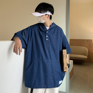 709-C902-P65 单人 夏季纯色棉牛仔连帽宽松大码衬衫T恤日系图片