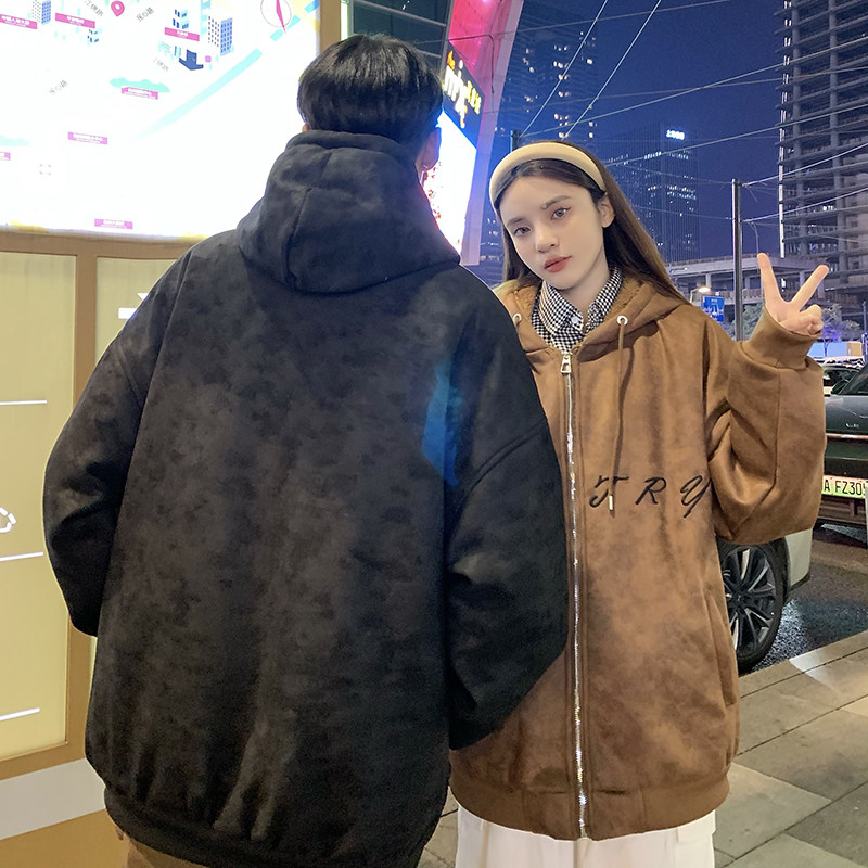 709-MY1508-P140 情侣冬季麂皮绒刺绣连帽棉衣夹克休闲 加绒图片