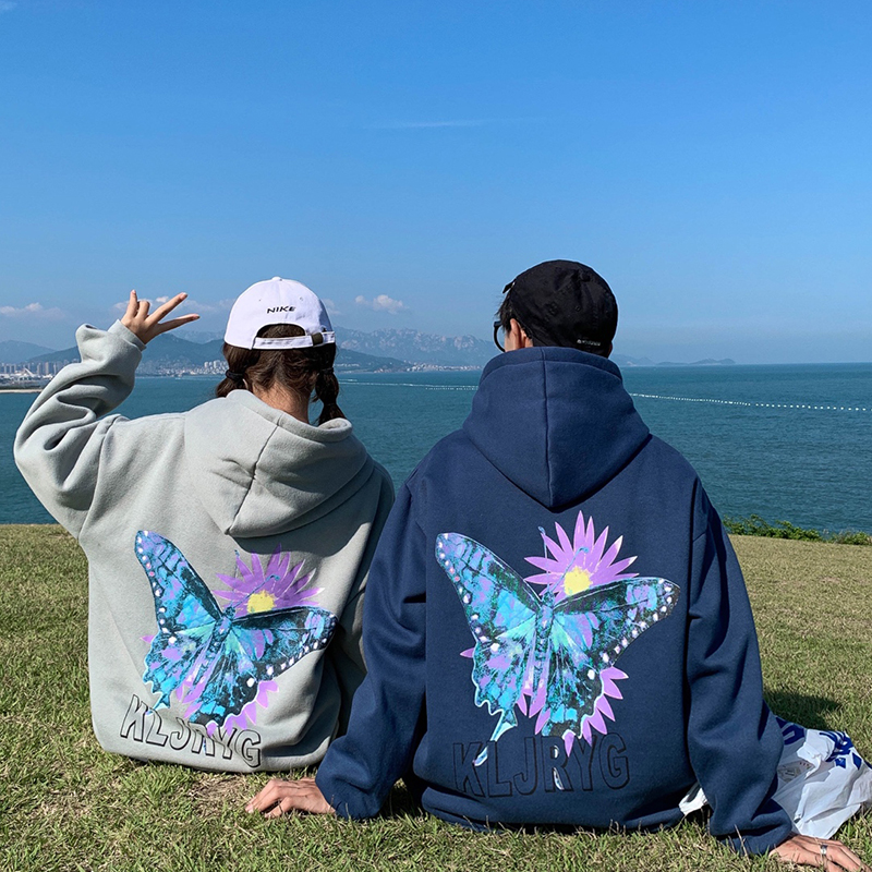 21 spring Hong Kong Style couple original cotton butterfly print hooded versatile sweater man