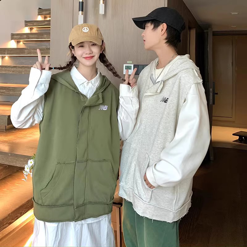 709-MJ22-P55春秋破旧反边假两件百搭连帽马甲外套情侣，女装短外套，星座709