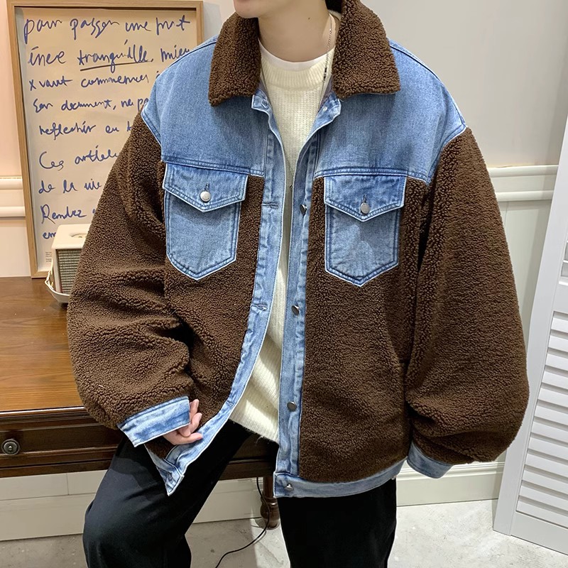 709-MY1003-P130冬季单人羊羔毛拼接牛仔开衫翻领加厚棉衣男,男装棉衣,星座709