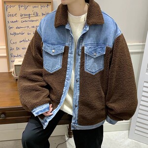 709-MY1003-P130 冬季单人羊羔毛拼接牛仔开衫翻领加厚棉衣男图片