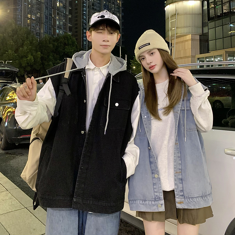 709-MJ71-P75春秋休闲连帽可脱卸纯色牛仔马甲外套上衣情侣，女装短外套，星座709