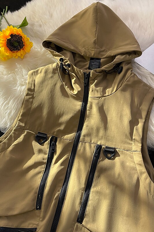 709-MJ60-P65春秋多拉链机能纯色宽松设计感连帽马甲平铺,男装背心/马甲,星座709