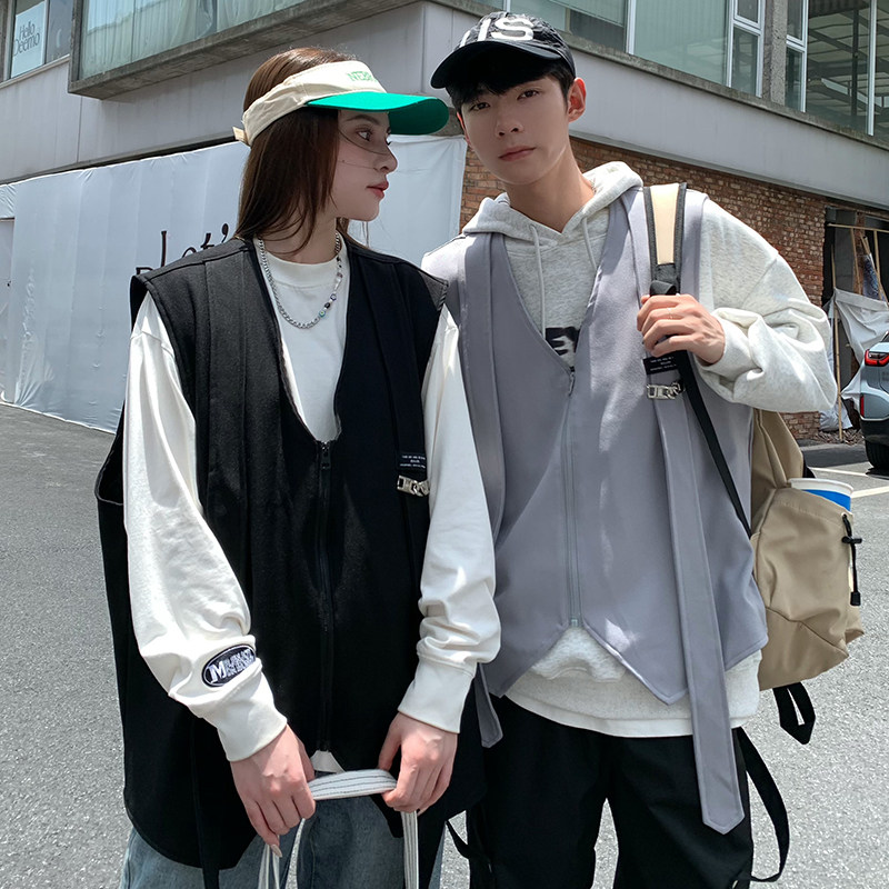 709-MJ70-P65春秋飘带装饰v领纯色宽松休闲大码马甲情侣,男装背心/马甲,星座709