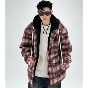 709-MY1650-P145冬季情侣潮牌连帽假两件格子外套加厚棉衣男,加厚打底运动裤搭配图片