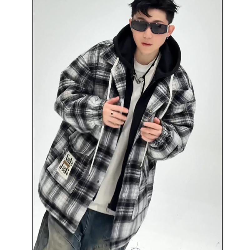 709-MY1650-P145冬季情侣潮牌连帽假两件格子外套加厚棉衣男,男装棉衣,星座709