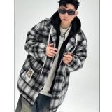 709-MY1650-P145冬季情侣潮牌连帽假两件格子外套加厚棉衣男，男装棉衣，星座709
