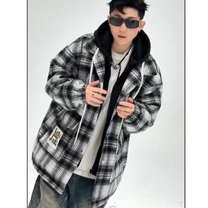 709-MY1650-P145 冬季情侣潮牌连帽假两件格子外套加厚棉衣男图片