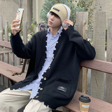 709-MY62-P100春秋休闲v领复古破边大口袋针织毛衣男模特图，男装针织衫/毛衣，星座709