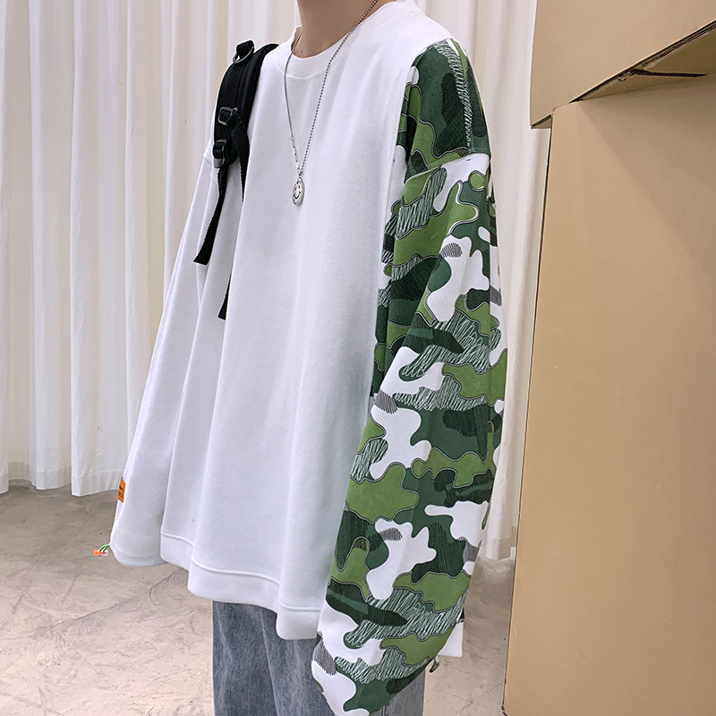 Spring new Hong Kong style cotton camouflage splicing round neck top casual versatile sweater for men