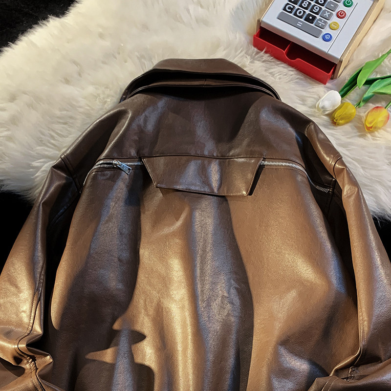 709-JK877-P145小众西装领皮衣夹克拉链装饰纯色外套平铺,男装夹克,星座709