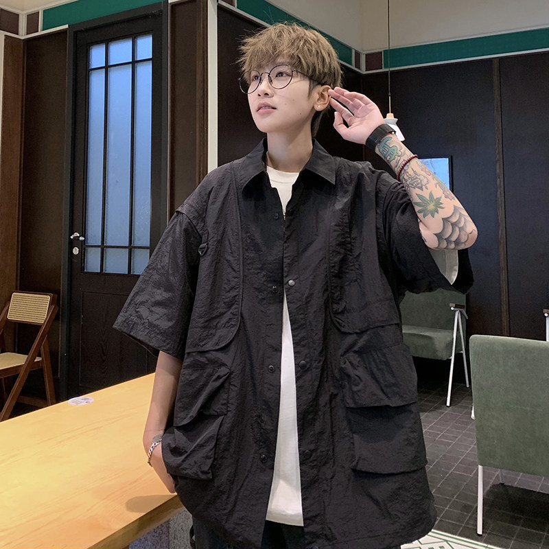 709-C05-P80新款情侣日系复古纯色简约网纱衬衫半袖休闲模特图,男装衬衫,星座709