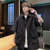 709-C05-P80新款情侣日系复古纯色简约网纱衬衫半袖休闲模特图，男装衬衫，星座709