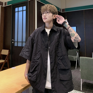 709-C05-P80新款情侣日系复古纯色简约网纱衬衫半袖休闲模特图,深色衬衫搭配的马甲图片