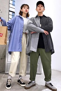 709-C808-P60 港风拼接宽松情侣小清新休闲长袖衬衣男图片