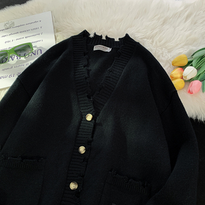 709-MY62-P100 春秋休闲v领复古破边大口袋针织毛衣男 平铺图图片