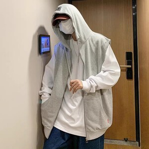 709-MJ12-P45 春季男简约连帽贴标无袖休闲背心马甲外套单人图片