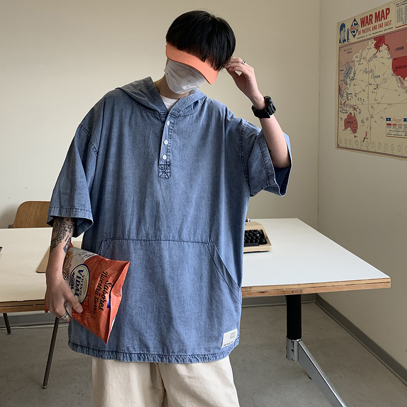 709-C902-P65单人夏季纯色棉牛仔连帽宽松大码衬衫T恤日系,男装T恤,星座709