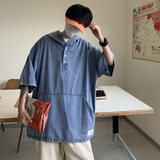 709-C902-P65单人夏季纯色棉牛仔连帽宽松大码衬衫T恤日系，男装T恤，星座709