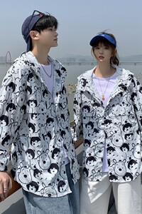 709-F181-P60 23夏 挂拍情侣大码笑脸印花学生防晒衣抽绳日系宽松图片