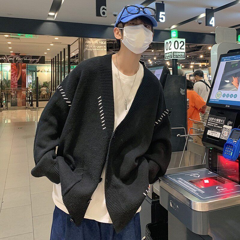 709-MY27-P95单人港风宽松复古V领开衫坎线百搭休闲毛衣,男装针织衫/毛衣,星座709
