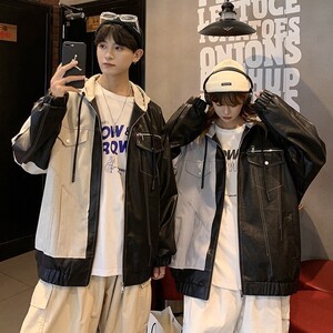709-JK817-P125 春秋连帽拉链皮衣呢子拼接百搭休闲夹克情侣图片