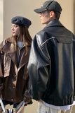709-JK877-P145小众西装领皮衣夹克拉链装饰纯色外套情侣，男装夹克，星座709