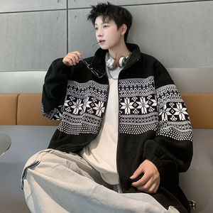 709-W807-P70 情侣拉链开衫摇粒绒印花卫衣宽松百搭外套男图片