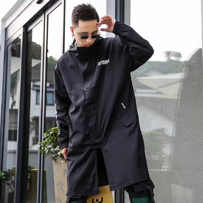 709-F080-P105 春季港风单人宽松中长款外套连帽百搭风衣男图片
