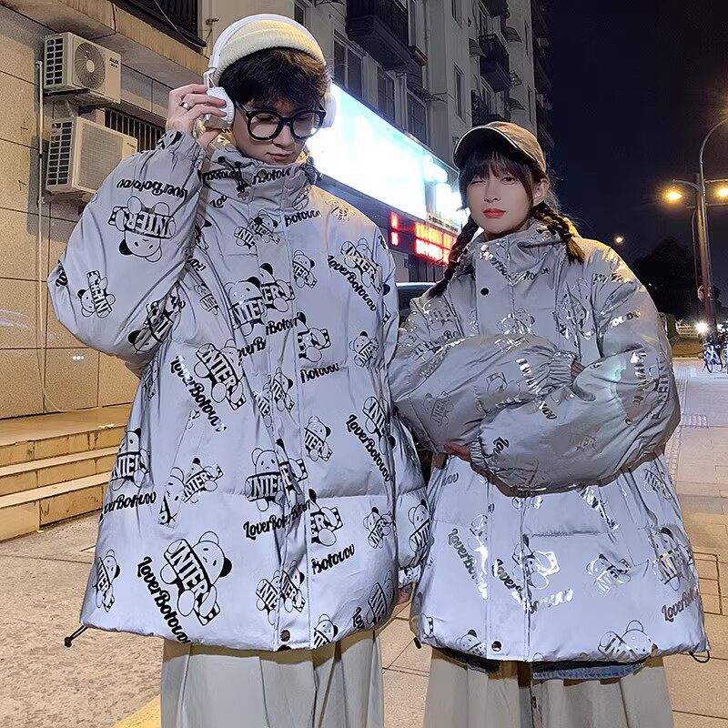 709-MY615-P120 冬季情侣潮流加厚小熊印花连帽反光棉衣外套男图片