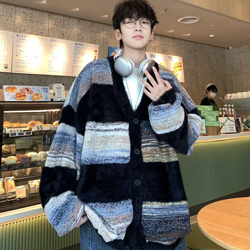 709-MY105-P110复古慵懒风条纹开衫针织衫外套情侣潮牌ins毛衣男,男装针织衫/毛衣,星座709