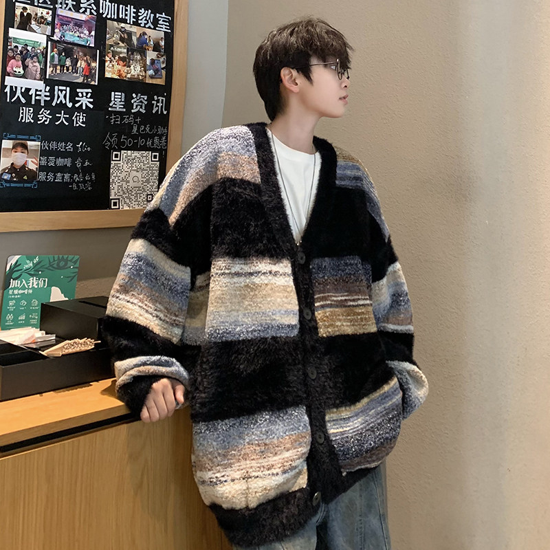 709-MY105-P110复古慵懒风条纹开衫针织衫外套情侣潮牌ins毛衣男,男装针织衫/毛衣,星座709