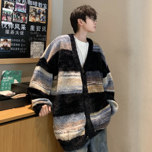 709-MY105-P110 复古慵懒风条纹开衫针织衫外套情侣潮牌ins毛衣男图片