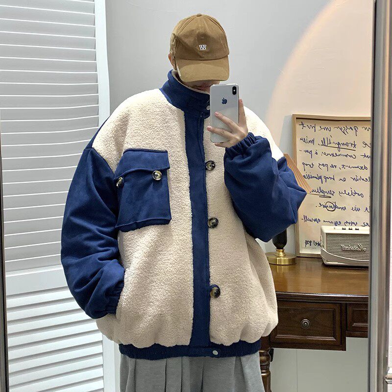 709-MY1001-P115冬季单人立领开衫羊羔毛拼鹿绒皮加厚潮流男,男装卫衣,星座709