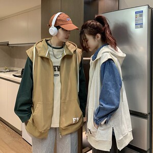 709-MJ30-P50 春秋休闲连帽开衫侧边拉链英文印花百搭马甲情侣图片