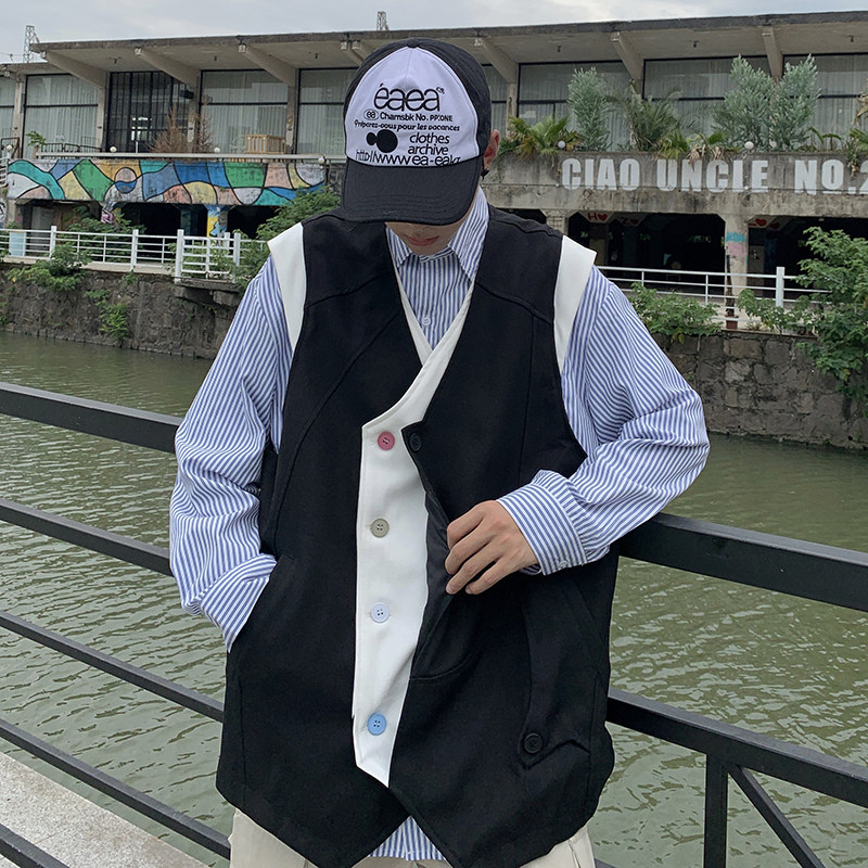 709-MJ69-P75春秋休闲原创复古不规则v领假两件马甲大码单人,男装背心/马甲,星座709