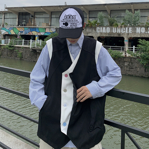 709-MJ69-P75 春秋休闲原创复古不规则v领假两件马甲大码 单人图片