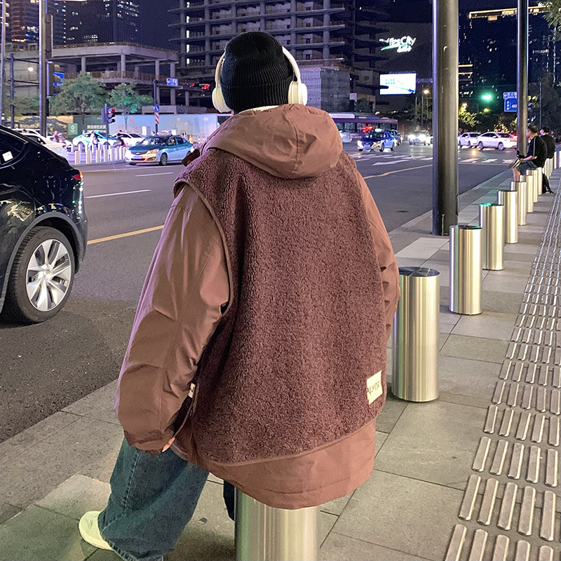 709-MY1500-P175情侣冬季单人假两件羊羔毛拼接工装连帽棉衣外套,男装棉衣,星座709
