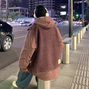 709-MY1500-P175 情侣冬季单人假两件羊羔毛拼接工装连帽棉衣外套图片