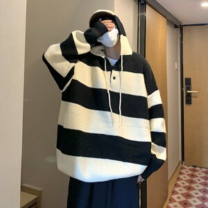 709-MY38-P100 春秋休闲连帽毛衣拼色条纹慵懒风百搭外套男 单人图片