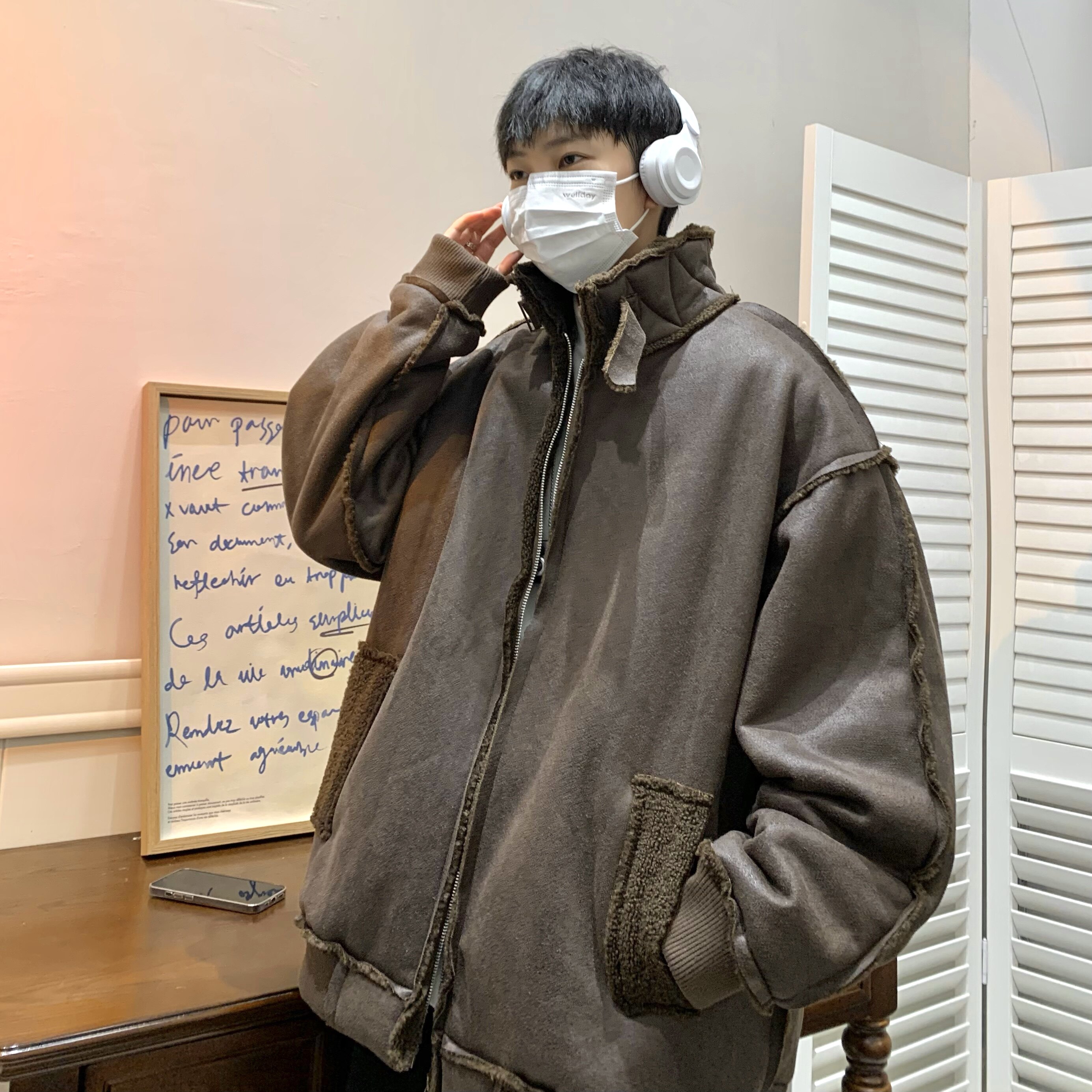 709-MY1013-P115 冬季单人皮毛一体复合羊羔毛加厚棉衣开衫男图片