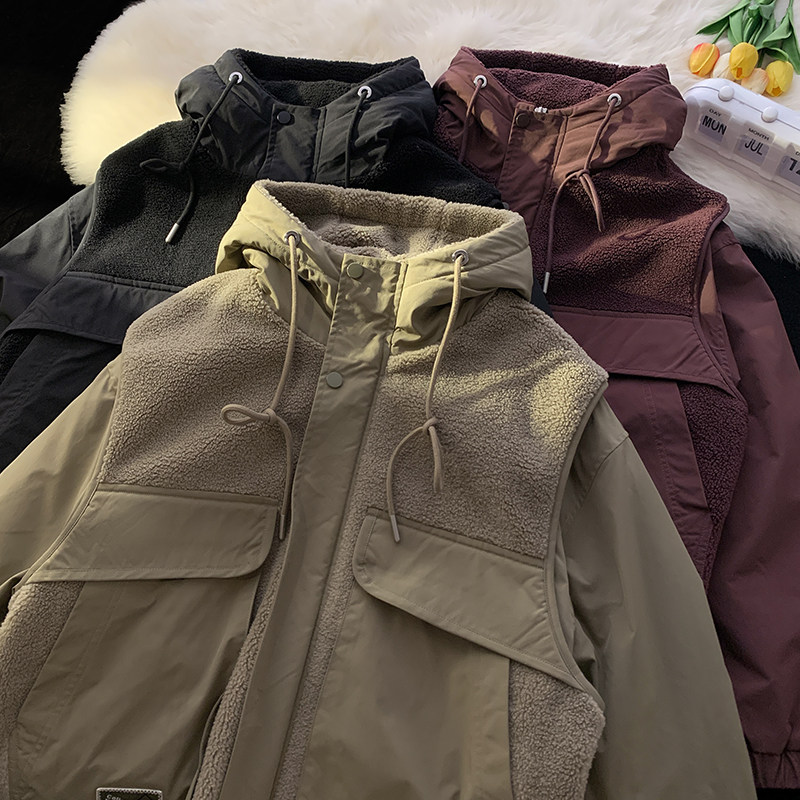 709-MY1500-P175 情侣冬季平铺假两件羊羔毛拼接工装连帽棉衣外套图片