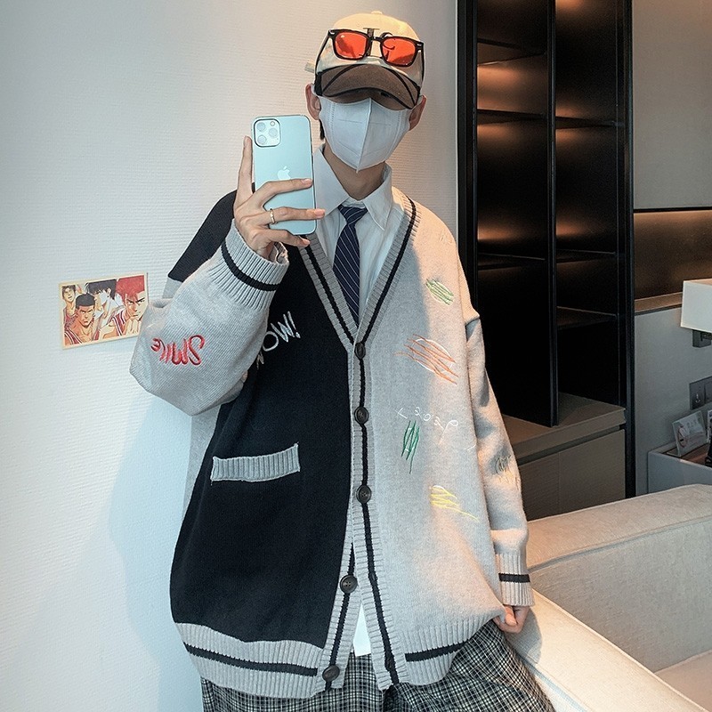 709-MY29-P100单人港风简约复古V领开衫拼色绣花百搭毛衣男,男装针织衫/毛衣,星座709