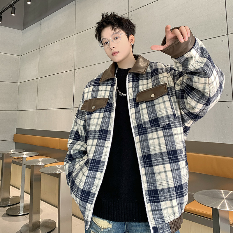 709-MY1635-P125冬季翻领刺绣格子拼接外套加棉加厚棉衣潮流男,男装棉衣,星座709