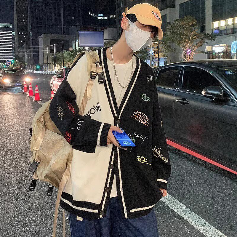 709-MY29-P100单人港风简约复古V领开衫拼色绣花百搭毛衣男,男装针织衫/毛衣,星座709