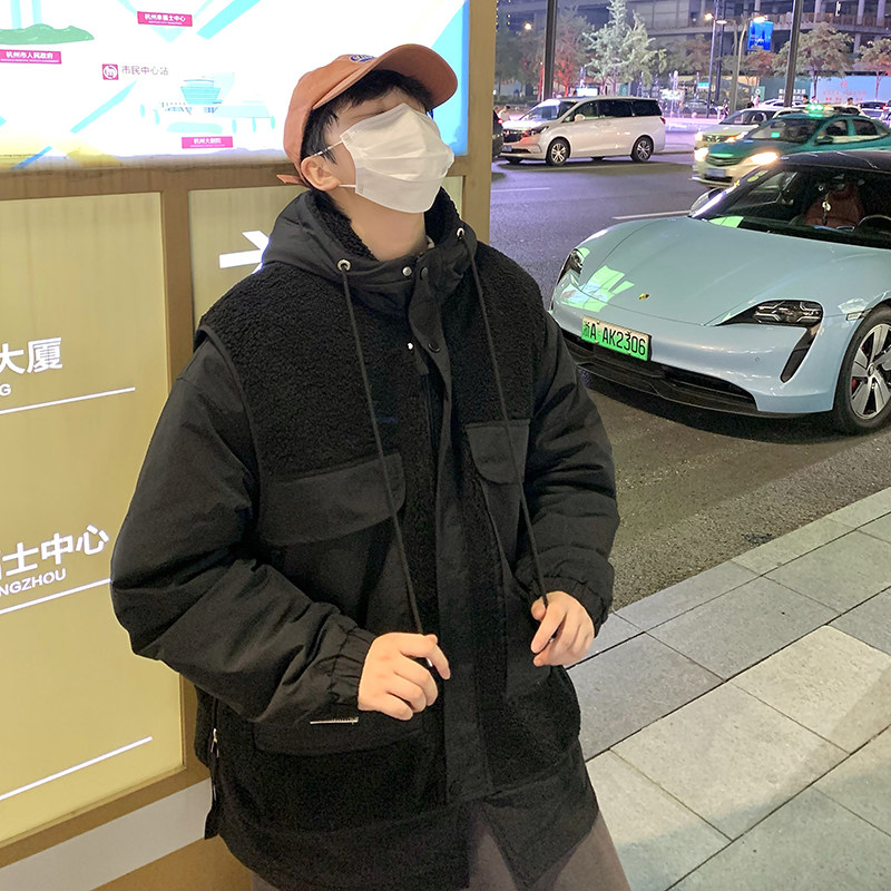 709-MY1500-P175情侣冬季单人假两件羊羔毛拼接工装连帽棉衣外套,男装棉衣,星座709