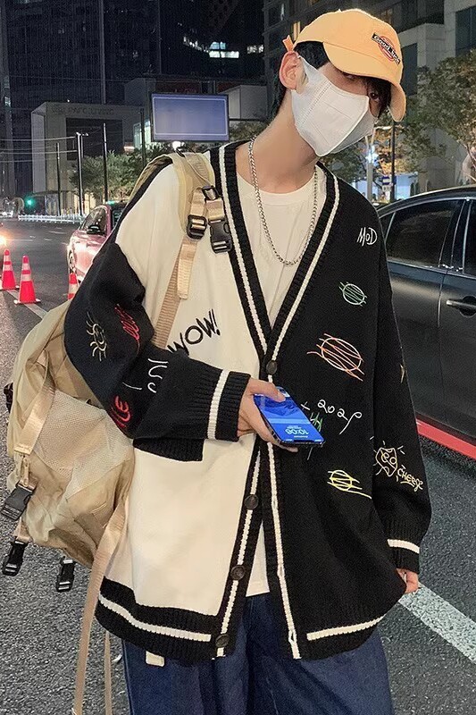 709-MY29-P100单人港风简约复古V领开衫拼色绣花百搭毛衣男,男装针织衫/毛衣,星座709