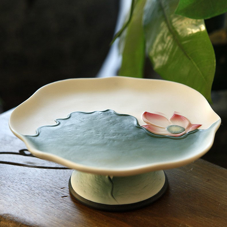 中式家用水果盘佛堂供佛观音贡盘陶瓷彩绘莲花荷叶供盘果碟78寸